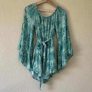 Pink Lily Floral Teal Bell Sleeve Romper